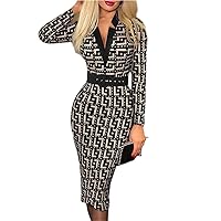 Sheath Dress Women Slim Office Long Sleeve V-Neck High Waist with Belt Printed Plaid Lady