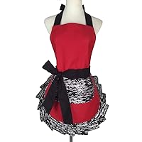 Hyzrz Cute Lace Flirty Apron with Pocket, Fun Retro Sexy Cooking Pinup Aprons for Women Girls (Red)