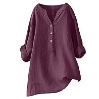 Women's Button Down Linen Gauze Tops for Women 2024 3/4 Sleeve Stand Collar Plus Size Peplum Loose Fit Ladies Shirts