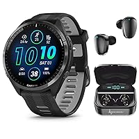 Wearable4U - Garmin Forerunner 965 Premium GPS Running and Triathlon 47mm Smartwatch with AMOLED Touchscreen Display, Carbon Gray DLC Titanium Bezel with Black Silicone Band with Black Earbuds.