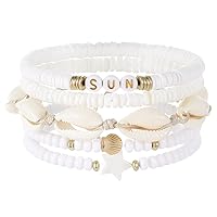 Heishi Surfer Bracelet Set for Women Girls Bohemian Stackable Evil Eye Vinyl Disc Beaded Stretch Shell Bracelets Elastic Layering Friendship Bracelets Boho Summer Beach Jewelry