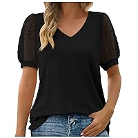 Womens Classic T-Shirts Sheer Swiss Dot Puff Short Sleeve Tops Sumemr Trendy Casual Loose V-Neck Solid Tee Blouses