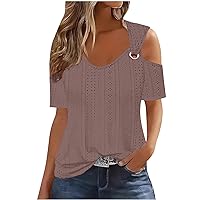 Short Sleeve Cold Shoulder Tops for Women Dressy Cut Out Eyelet Crochet Shirts Trendy Elegant Sexy Casual Blouse Purple