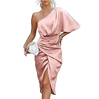 ANRABESS Women Satin One Shoulder Short Sleeve Ruched Bodycon Cocktail Party Elegant Wedding Guest Evening Night Midi Dress