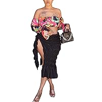 Womens Sexy 2 Pieces Floral Print Crop Top Ruffle Package Hip Dress Set Nightclub Clubwear Dress Set