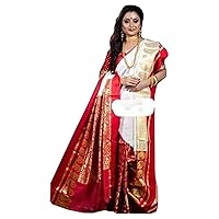 Indian Bengal Traditional Red & Cream Zari Pallu Durga Puja Sindoor Khela Garad Silk Saree Sari Blouse 954b
