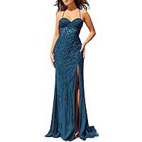 Mermaid Lace Sweetheart Neck Prom Dresses with Slit Applique Criss-Cross Back Formal Evening Dress for Women