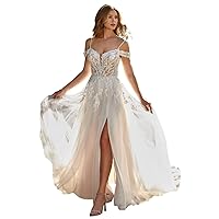 Dexinyuan Off Shoulder Lace Wedding Dresses for Bride 2024 A Line Beach Bohemian Princess Bridal Gowns with Slit