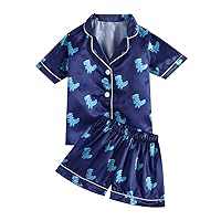 Kids Boys Girls Pajamas Set Satin Silk Cartoon Print Short Sleeve Shirt Tops with Shorts Sleep Suit Nightwear Set