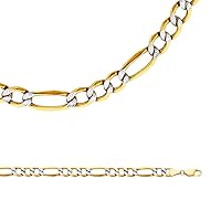 Solid 14k Yellow White Gold Chain Figaro Necklace Pave Hollow Links Big Two Tone 6.5 mm 20 inch
