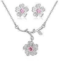 Uloveido White Gold Plated Wedding Anniversary Cherry Flower Jewelry Set for Bridal, Pink Purple Flower Pendant Necklace and Earrings Studs for Girls Women DT340