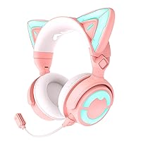 YOWU RGB Cat Ear Headphone 4, Upgraded Wireless & Wired Gaming Headset with Attachable HD Microphone -Active Noise Reduction, Dual-Channel Stereo & Customizable Lighting and Effect via APP (Pink)
