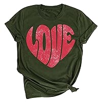Cute Valentine's Day Graphic Shirts for Women Heart Print Short Sleeve Tops Dressy Casual Crewneck Basic Tees Tunic Blouse