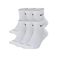 Dri-Fit Training Everyday PLUS MAX Cushioned Quarter Cut Ankle Socks 6 PAIR White Black Swoosh Logo) LARGE 8-12