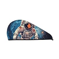 Astronauta Planet Print Dry Hair Cap for Women Coral Velvet Hair Towel Wrap Absorbent Hair Drying Towel with Button Quick Dry Hair Turban for Travel Shower Gym Salons