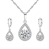 Harlorki 925 Silver Plated Cubic Zirconia Shiny Teardrop Rhinestone Pendent Necklace Dangle Earrings Jewelry Set for Women Lady