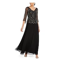 JKARA Womens Black Beaded Zippered Sheer Overlay 3/4 Sleeve Cowl Neck Maxi Formal Shift Dress 6