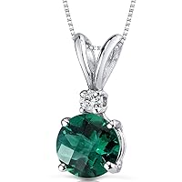PEORA 14K White Gold Created Emerald with Genuine Diamond Pendant for Women, Elegant Solitaire, Round Shape, 6.50mm, 1 Carat total