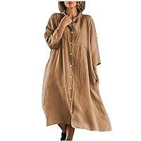 Women Rolled-Up Long Sleeve Button Up T-Shirt Dress Cotton Linen Fashion Casual Loose Babydoll Swing A-Line Dresses