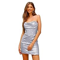 Adjustable Spaghetti Straps Sequin Homecoming Dresses Sparkly Cowl Neck Mini Cocktail Prom Party Gowns