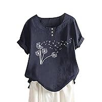 Women Cotton Blend Crew Neck Short Sleeve T-Shirt Retro Dandelion Print Tee Tops Plus Size Button Down Loose Blouse