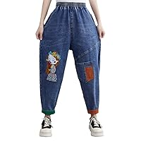 Spring Pencil Harem Jeans Women Embroidery Cartoon Girl High Waisted Denim Loose Patchwork Pockets