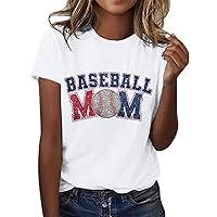 Baseball Mom Shirts for Women Funny Graphic Print Short Sleeve Crewneck T Shirt Summer Casual Fashion Plus Size Tops