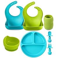 PandaEar Baby Toddlers Infants Feeding Set |Adjustable Silicone Bibs | Divided Silicone Baby Plate| Tiny Training Cup| Suction Bowls| Soft Spoon Forks| Self Feeding Baby Utensils