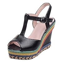 BIGTREE Wedge Sandals Peep Toe Buckle Ankle Strap Snakeskin Print Iridescent Platform Espadrille