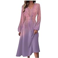 Formal Long Sleeve Midi Dress Trendy Sexy V Neck Ruched Flowy Party Dress Casual Elegant Floral Smocked Swing Dress