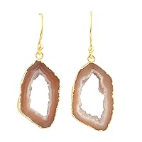 Guntaas Gems Girls Wear Orange Geode Slice Druzy Dangling Earrings Brass Gold Plated Bohemian Jewelry Gift For Her