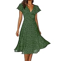 Spring Dresses for Women, Womens Summer Chiffon Short Sleeve Belted V Neck Floral Print Casual Bohemian Midi Dresses