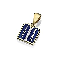 0.06 Carat Diamond and Blue Enamel 10 Commandments Tablet Pendant in 14k Yellow Gold Hebrew Letters Jewelry