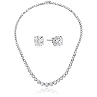 Amazon Collection Platinum-Plated Sterling Silver Swarovski Zirconia Riviera Tennis Necklace and 2 cttw Stud Earrings Set