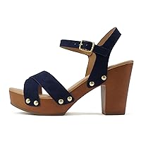 Soda MIGUEL ~ Women Crisscross Band Fashion Chunky Platform Block Mid Heel Sandal with Ankle Strap and Stud