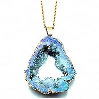 Women Geometric Natural Irregular Rock Drusy Stone with Electroplated Gold Edge Pendant Necklace Quartz Geode Crystal Agate Slice Necklace Bohemian Amethyst Jewelry Heal Good Luck Protection Gift