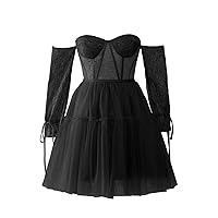 Maxianever Corset Prom Dresses Women’s Plus Size Short Tulle Homecoming Dresses with Sleeves Lace Off Shoulder Black US26W