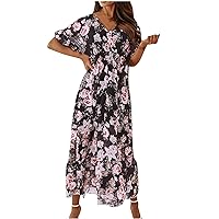 Women's Bohemian V-Neck Trendy Glamorous Flowy Beach Print Swing Dress Short Sleeve Long Casual Loose-Fitting Summer
