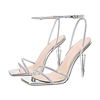 LISHAN Womens' Clear Square Toe Heel Sandals Bow Knot Strappy Stiletto Heels