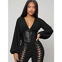 Women's Shirts Women's Tops Shirts for Women Plunging Neck Lantern Sleeve Corset Top (Color : Black, Size : X-Small)