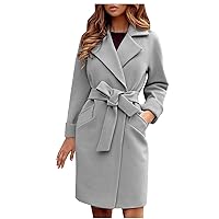 Womens Open Front Cardigan Overcoat Plus Size Lapel V-Neck Solid Pocket Jacket Woolen Fleece Winter Trench Coat