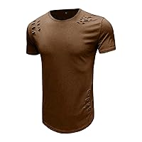 Men's Short Sleeves Summer Fashion Cool Top Ripped Loose Solid Color T-Shirt Hipster Hip Hop Crewneck T-Shirt