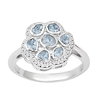 0.45 CTW Natural Blue Uncut Diamond Polki Handmade Cluster Floral Ring 925 Sterling Silver Platinum Plated