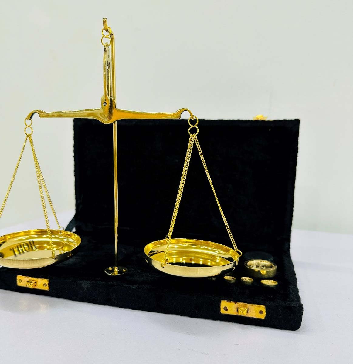 Gold Brass Jewelry Scale with Black Box Goldsmith Weight Taraju Showpiece Levels & Measuring Tool with Weight Balance 10 x 5 inches