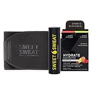 Sports Research Sweet Sweat Waist Trimmer for Women and Men (Large Size - Matte Black), Sugar-Free Hydrate Electrolytes Powder (16x Variety Pack) and Workout Enhancer Roll-On Gel Stick (Original)
