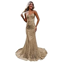 Women's Sequin Prom Dresses Sparkly Mermaid Ball Gown Long Spaghetti Straps Formal Evening Party Dress with Train