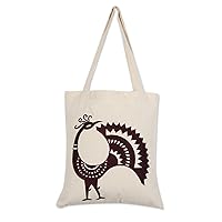 NOVICA Handmade Embroidered Cotton Shoulder Bag Peacock Pattern in Mahogany Handbags Ivory Brown Tote India Embellished Animal Themed Birdpeacock 'Peacock Pose in Mahogany'