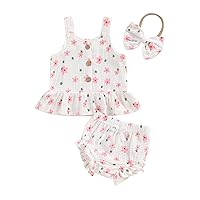 Summer Baby Girl Cute Clothes Set Newborn Sleeveless Ruffle Top and Shorts Headband Infant 3-piece Linen Outfit
