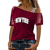 Off The Shoulder Top Women Short Sleeve Mesh Blouse New York Letter Print Glitter Strappy Cold Shoulder Summer Tops