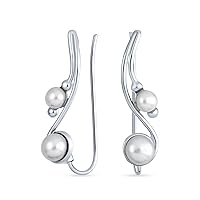 White Freshwater Cultured Pearl Wire Ear Pin Climbers Earrings For Women Crawlers 14K Gold Plated .925 Sterling Silver